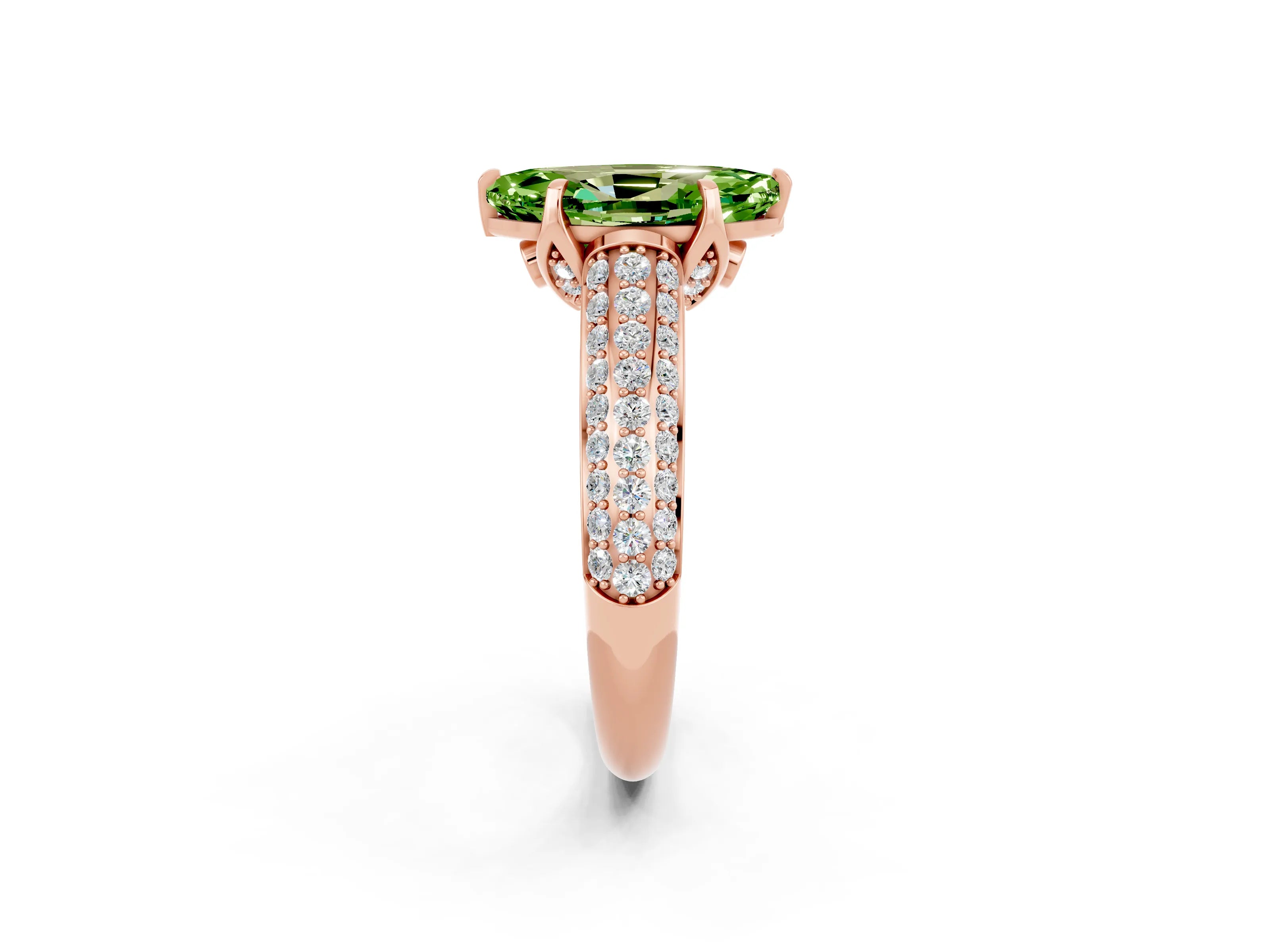 Rose gold Marquise Cut Peridot Solitaire Ring with Three-Row Pavé Band and Four-Prong Setting_14