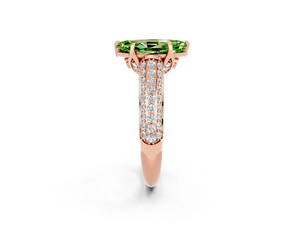 Rose gold Marquise Cut Peridot Solitaire Ring with Three-Row Pavé Band and Four-Prong Setting