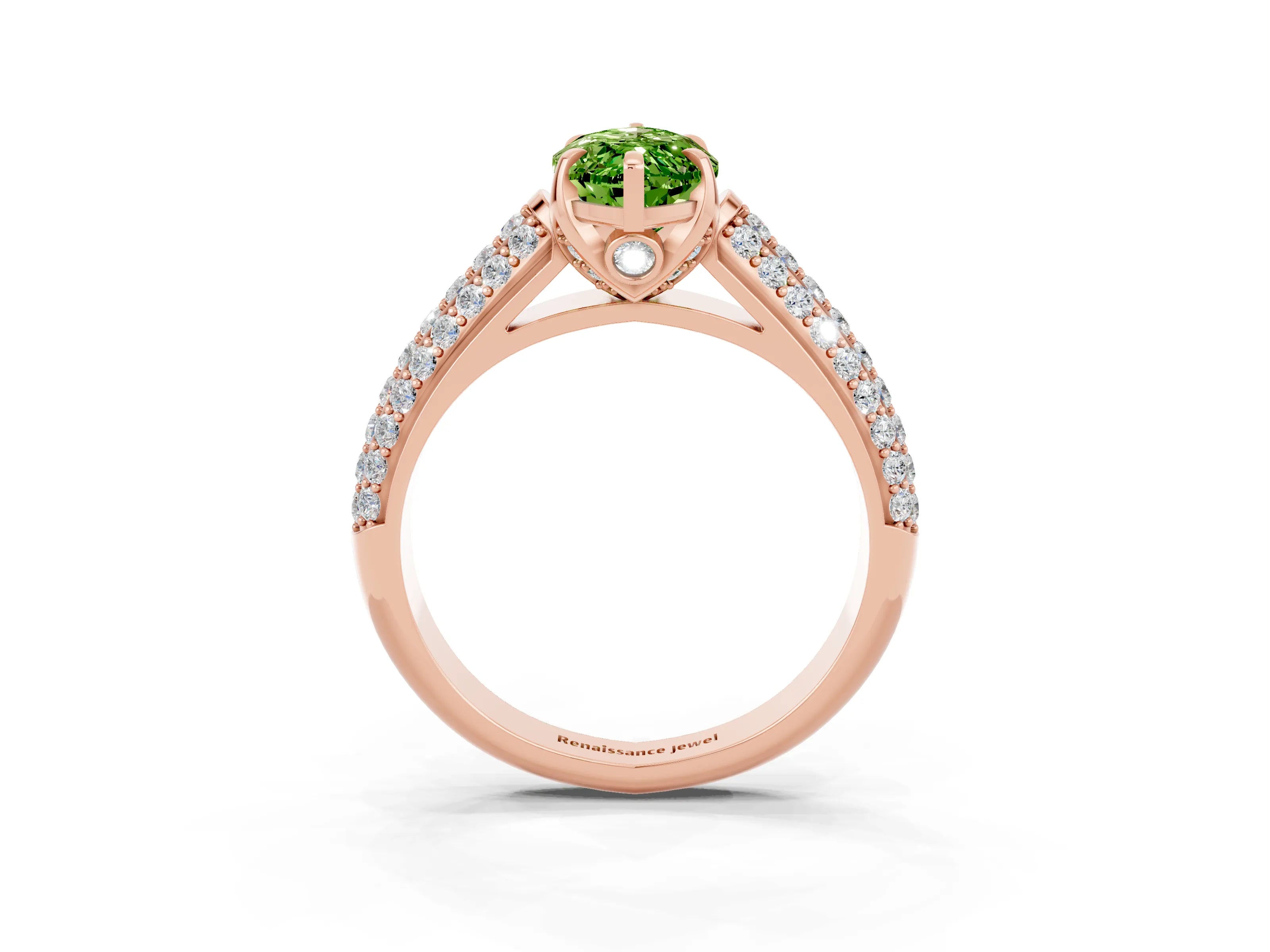 Rose gold Marquise Cut Peridot Solitaire Ring with Three-Row Pavé Band and Four-Prong Setting_15