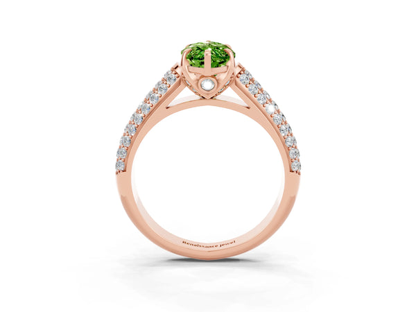 Rose gold Marquise Cut Peridot Solitaire Ring with Three-Row Pavé Band and Four-Prong Setting