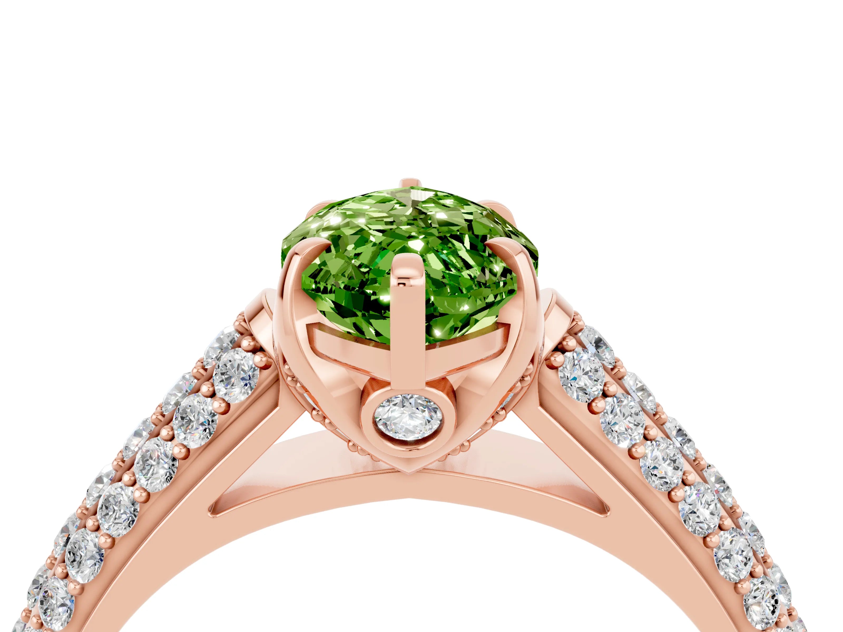 Rose gold Marquise Cut Peridot Solitaire Ring with Three-Row Pavé Band and Four-Prong Setting_16
