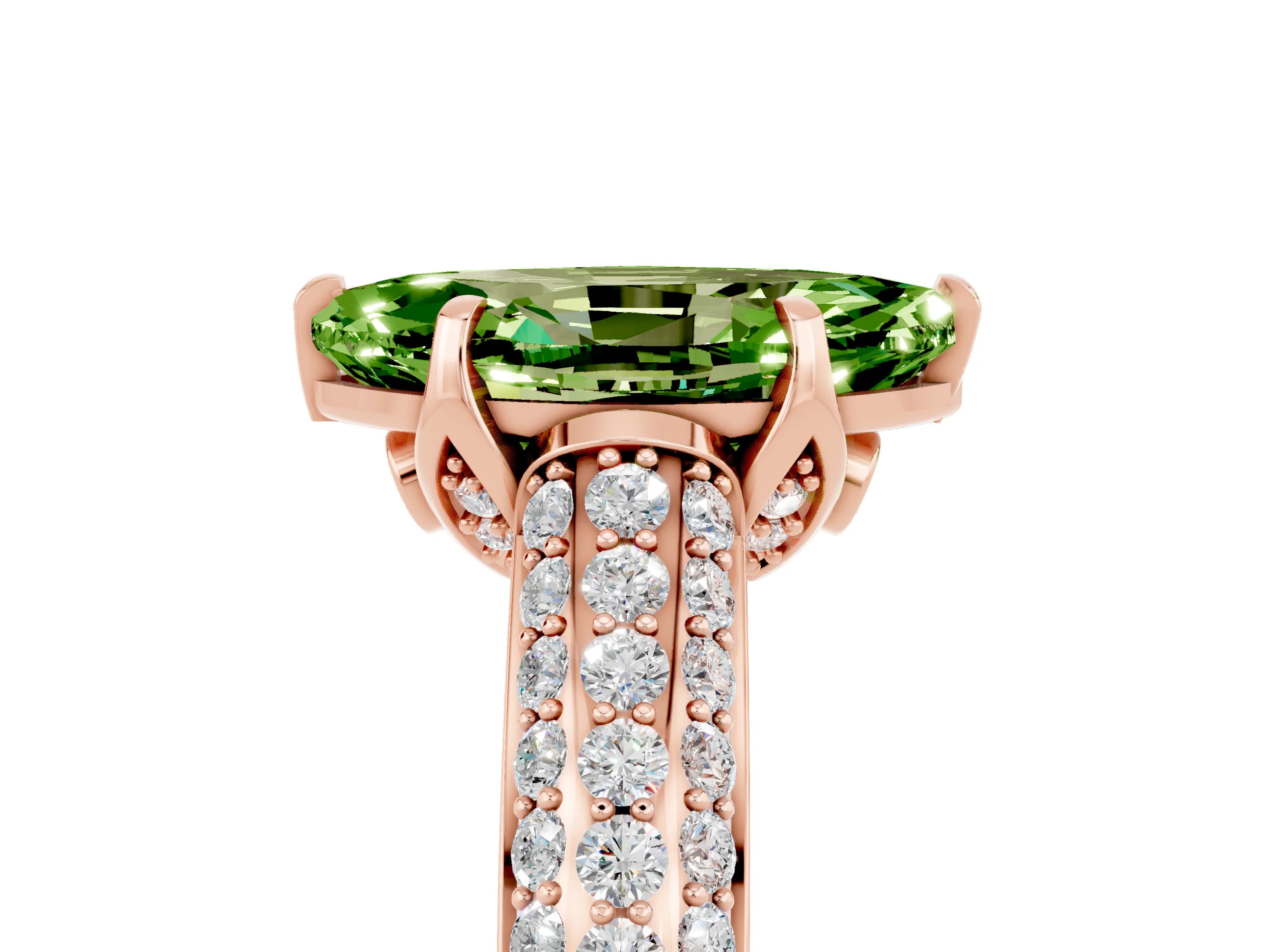 Rose gold Marquise Cut Peridot Solitaire Ring with Three-Row Pavé Band and Four-Prong Setting_17