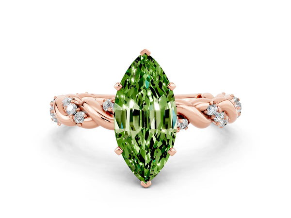 Rose gold Marquise Cut Peridot Solitaire Ring with Twisted Band and Pavé Accents