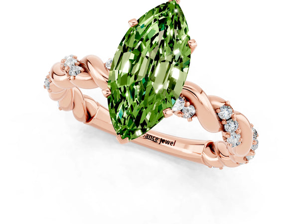 Rose gold Marquise Cut Peridot Solitaire Ring with Twisted Band and Pavé Accents