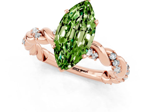 Rose gold Marquise Cut Peridot Solitaire Ring with Twisted Band and Pavé Accents_1