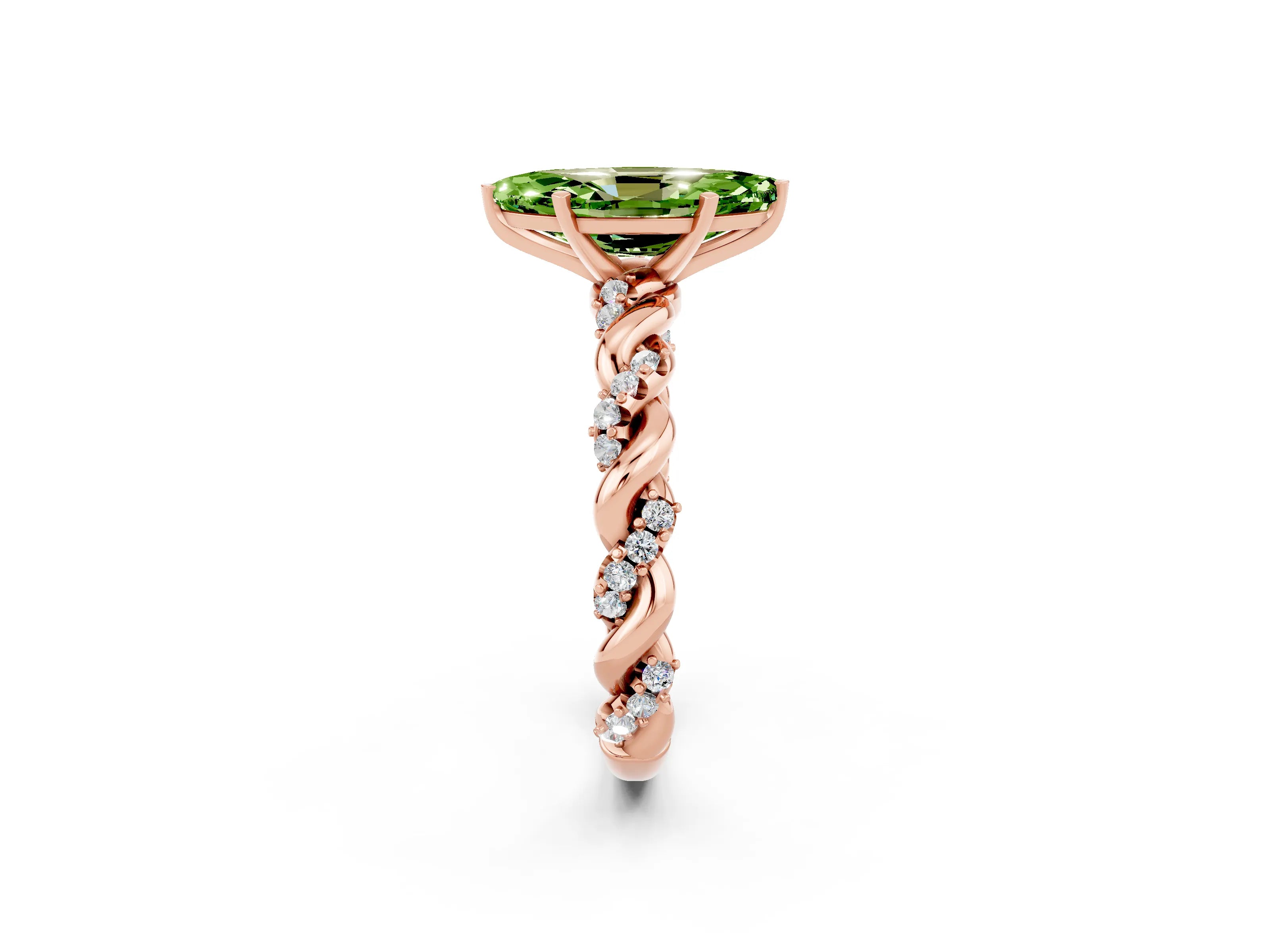 Rose gold Marquise Cut Peridot Solitaire Ring with Twisted Band and Pavé Accents_2