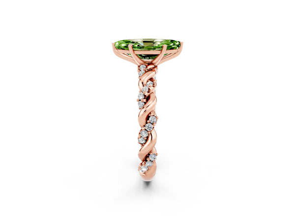 Rose gold Marquise Cut Peridot Solitaire Ring with Twisted Band and Pavé Accents