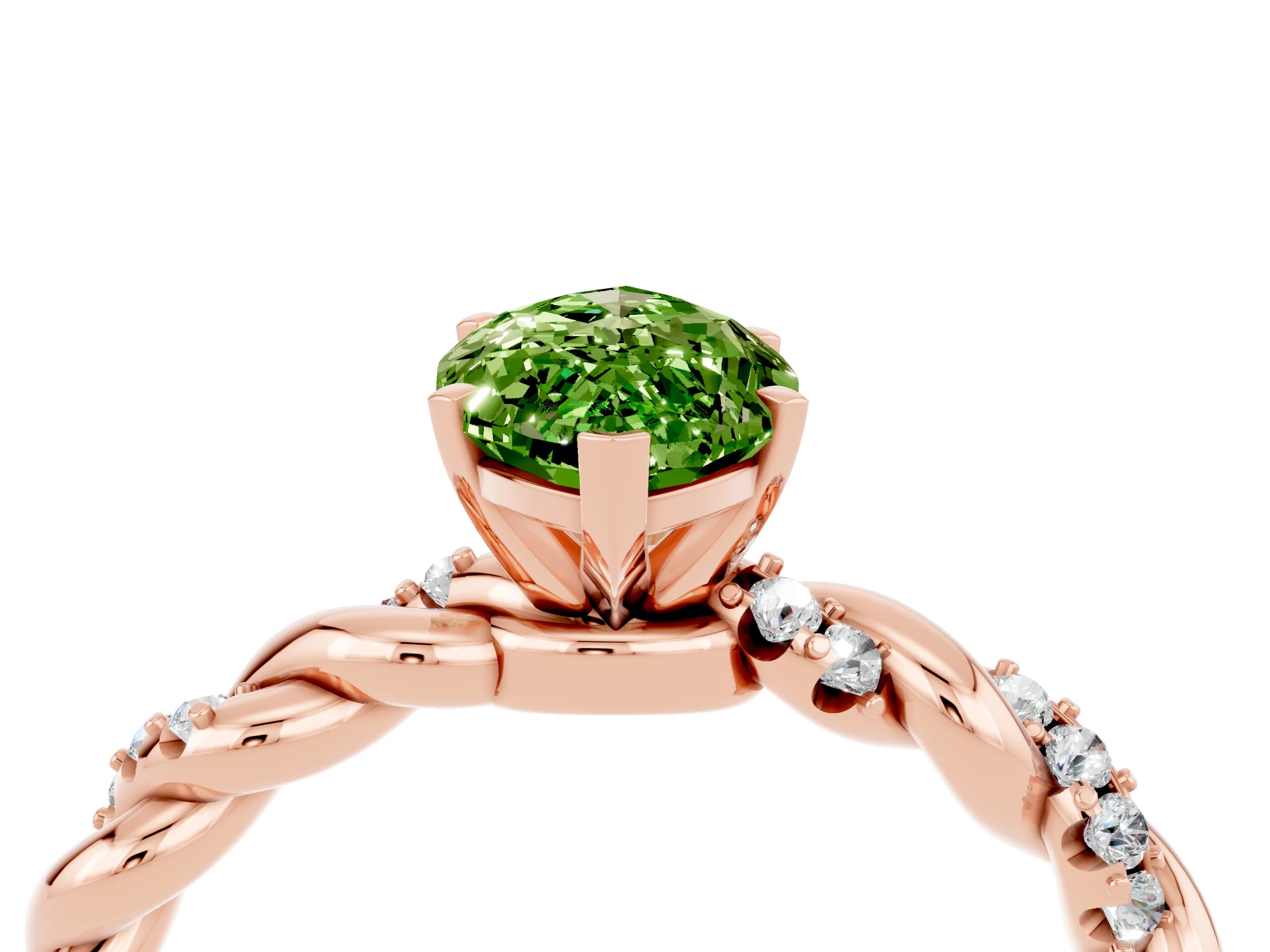 Rose gold Marquise Cut Peridot Solitaire Ring with Twisted Band and Pavé Accents_4