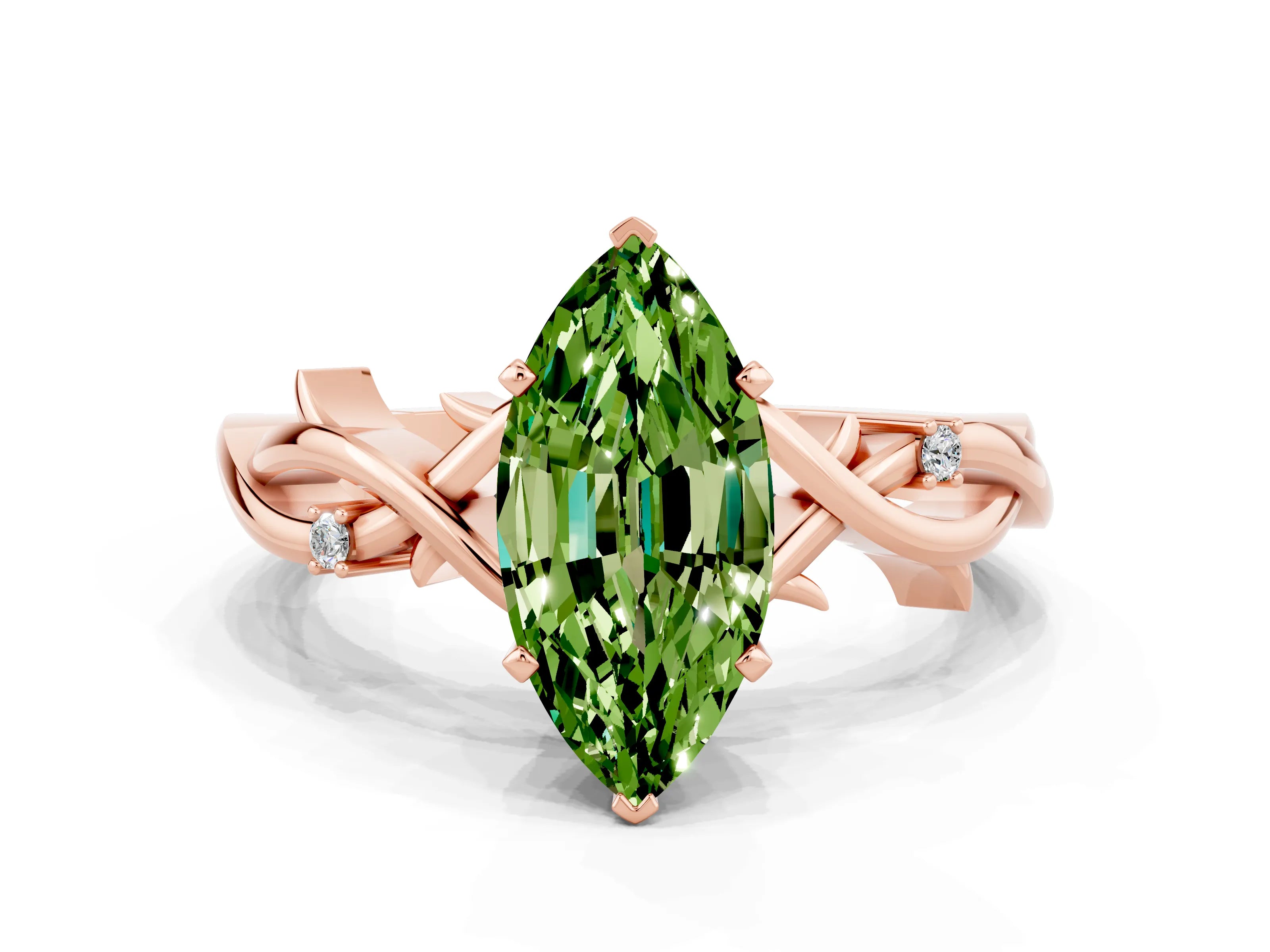 Rose gold Marquise Cut Peridot Solitaire Ring with Twisted Band and Prong Setting