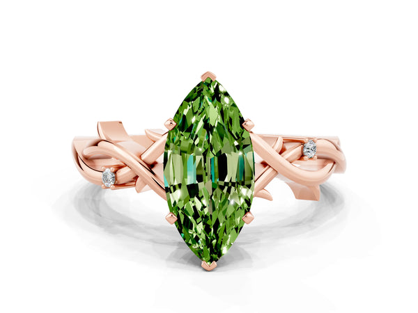 Rose gold Marquise Cut Peridot Solitaire Ring with Twisted Band and Prong Setting