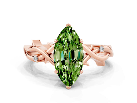 Rose gold Marquise Cut Peridot Solitaire Ring with Twisted Band and Prong Setting