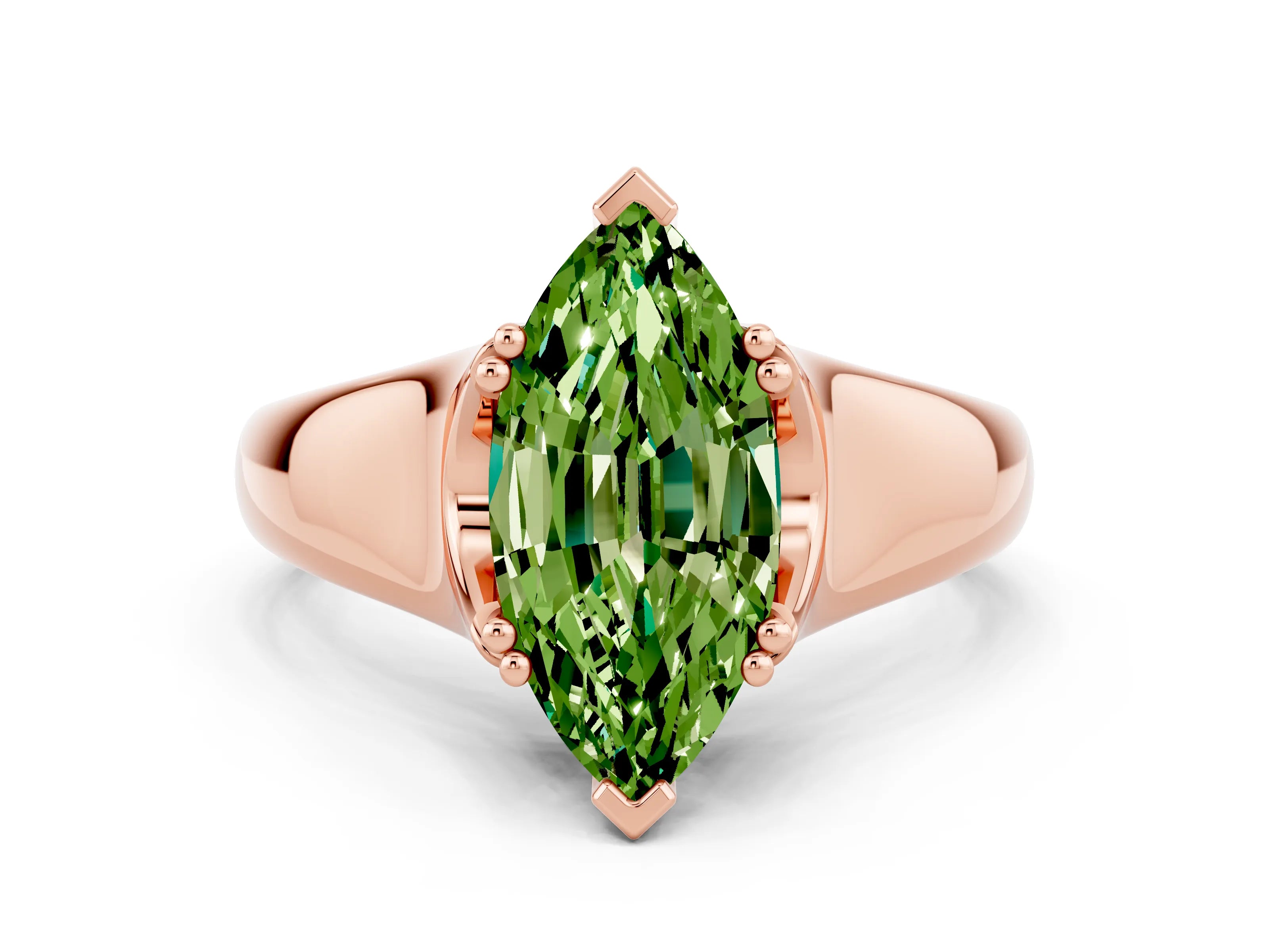 Rose gold Marquise Cut Peridot Solitaire Ring with Wide Band and Prong Setting
