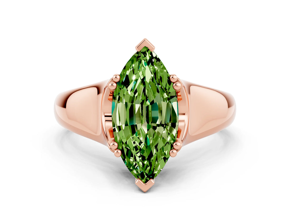 Rose gold Marquise Cut Peridot Solitaire Ring with Wide Band and Prong Setting