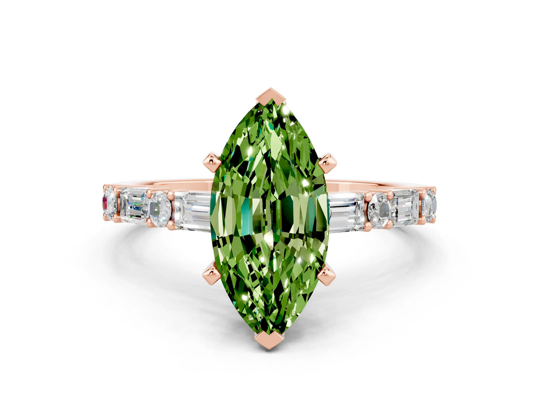 Rose gold Marquise Cut Peridot Solitaire with Side Baguettes and Channel Set Band