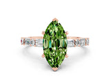 Rose gold Marquise Cut Peridot Solitaire with Side Baguettes and Channel Set Band