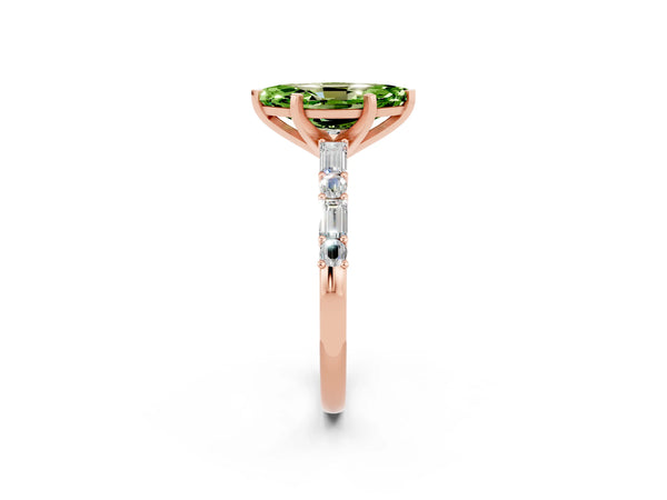 Rose gold Marquise Cut Peridot Solitaire with Side Baguettes and Channel Set Band