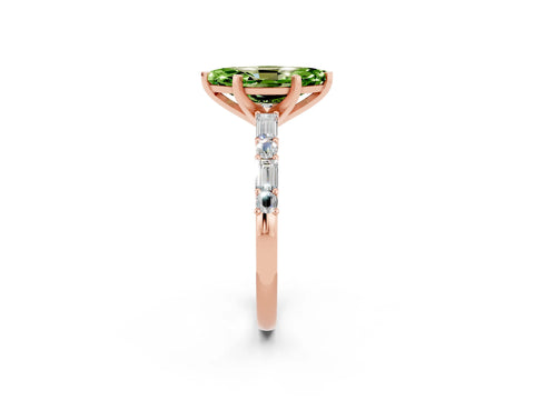Rose gold Marquise Cut Peridot Solitaire with Side Baguettes and Channel Set Band_2