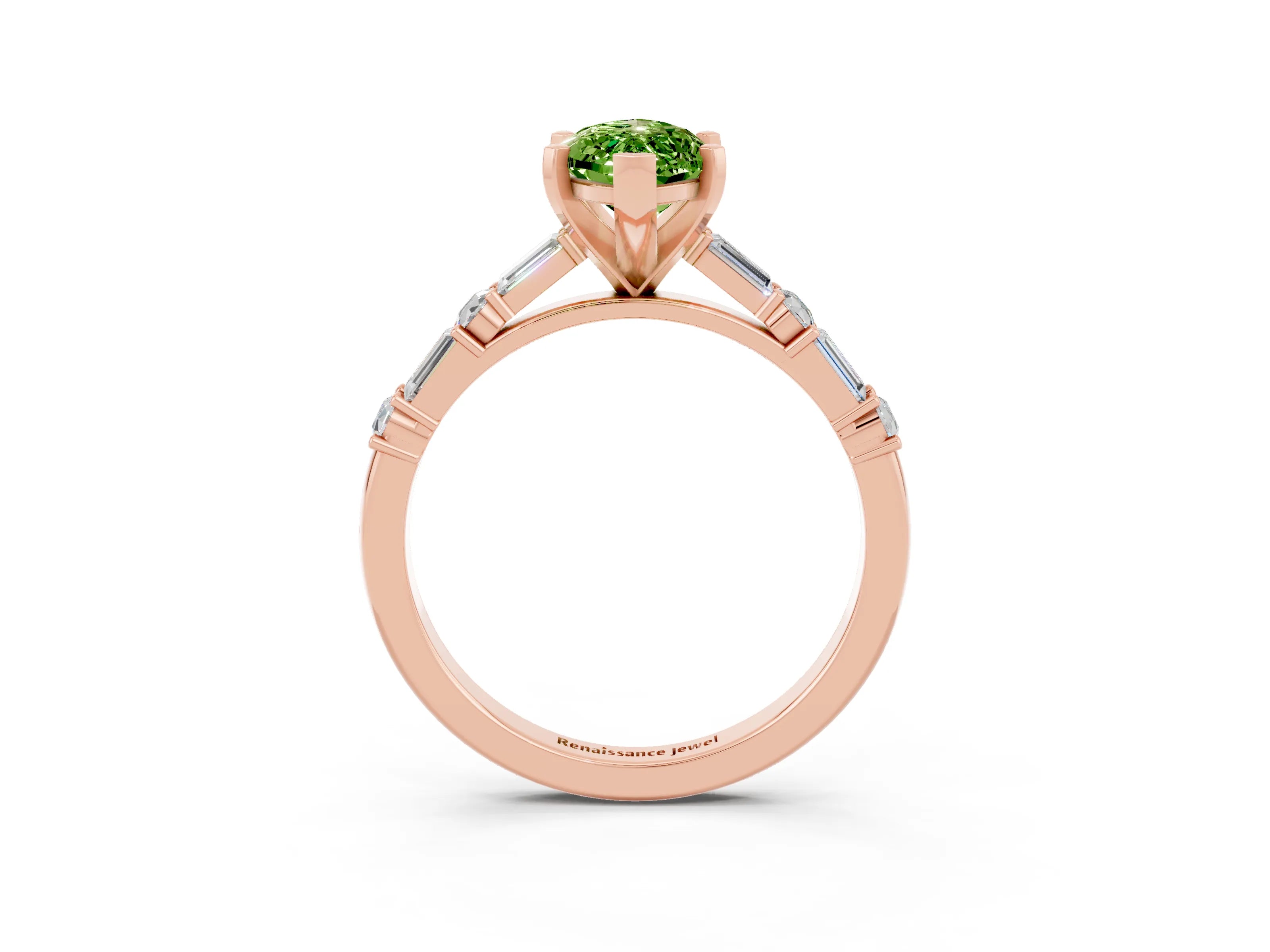 Rose gold Marquise Cut Peridot Solitaire with Side Baguettes and Channel Set Band_3