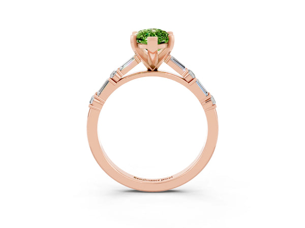 Rose gold Marquise Cut Peridot Solitaire with Side Baguettes and Channel Set Band
