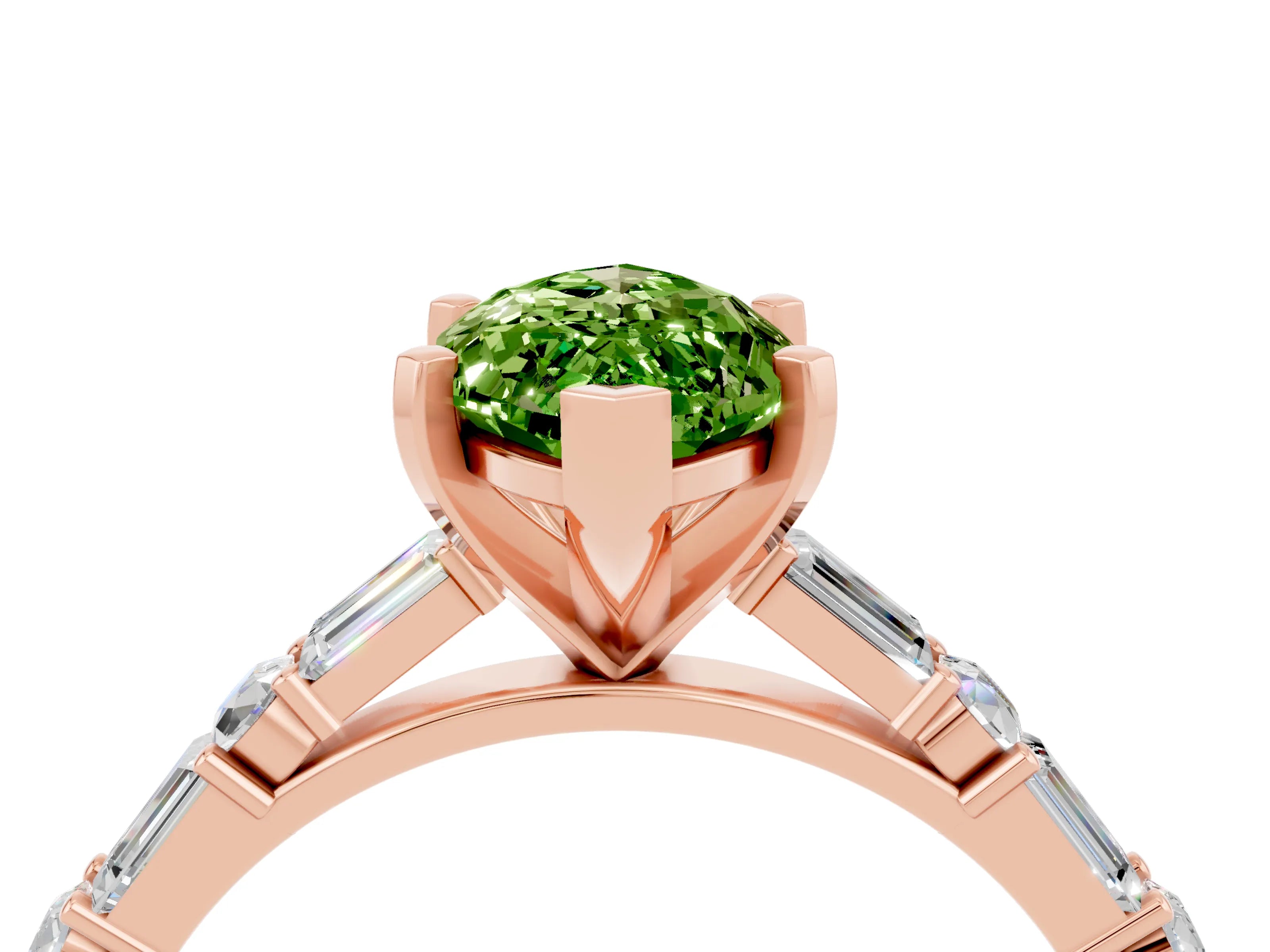 Rose gold Marquise Cut Peridot Solitaire with Side Baguettes and Channel Set Band_4