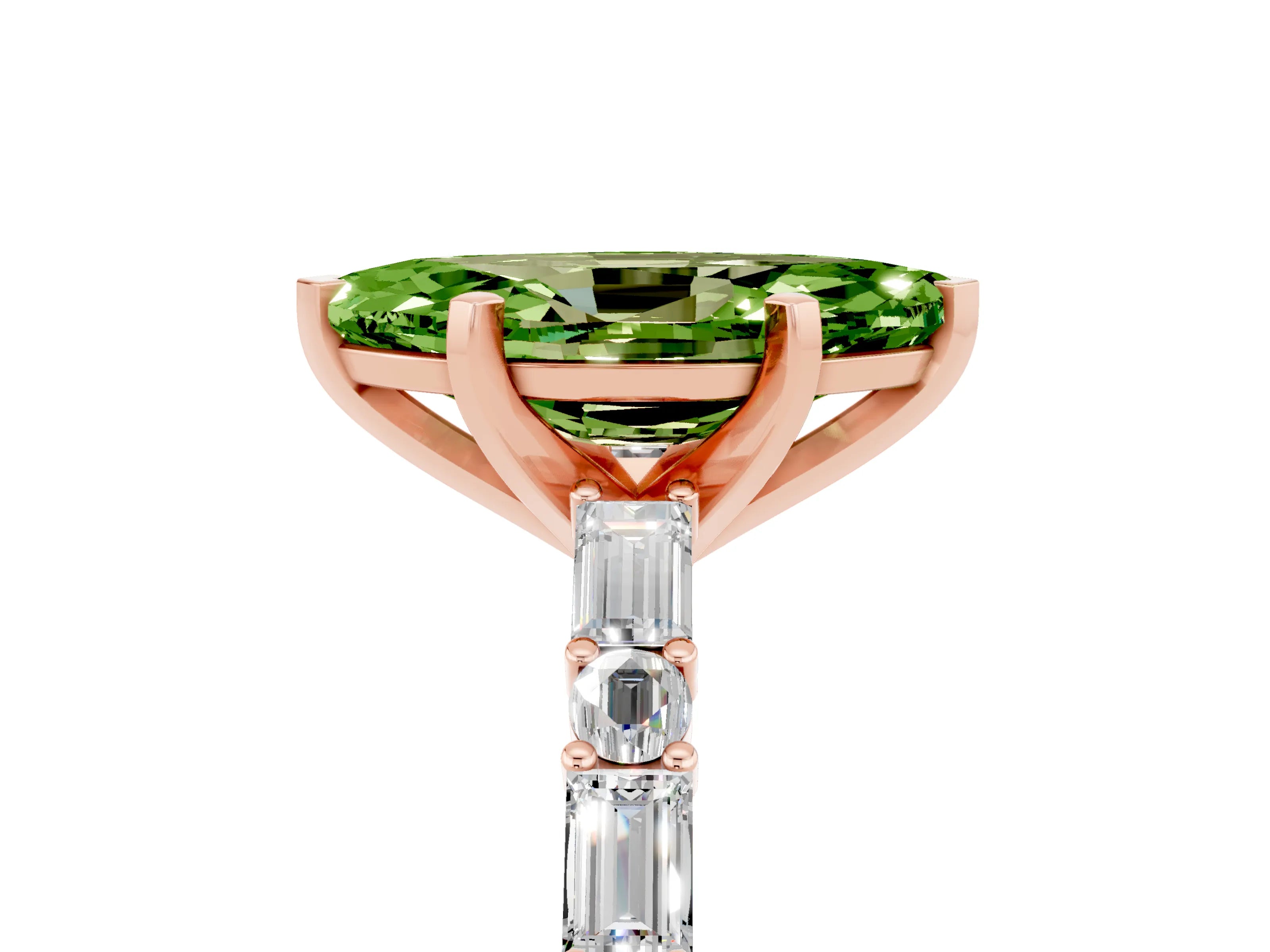 Rose gold Marquise Cut Peridot Solitaire with Side Baguettes and Channel Set Band_5
