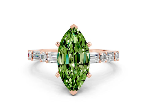 Rose gold Marquise Cut Peridot Solitaire with Side Baguettes and Channel Set Band