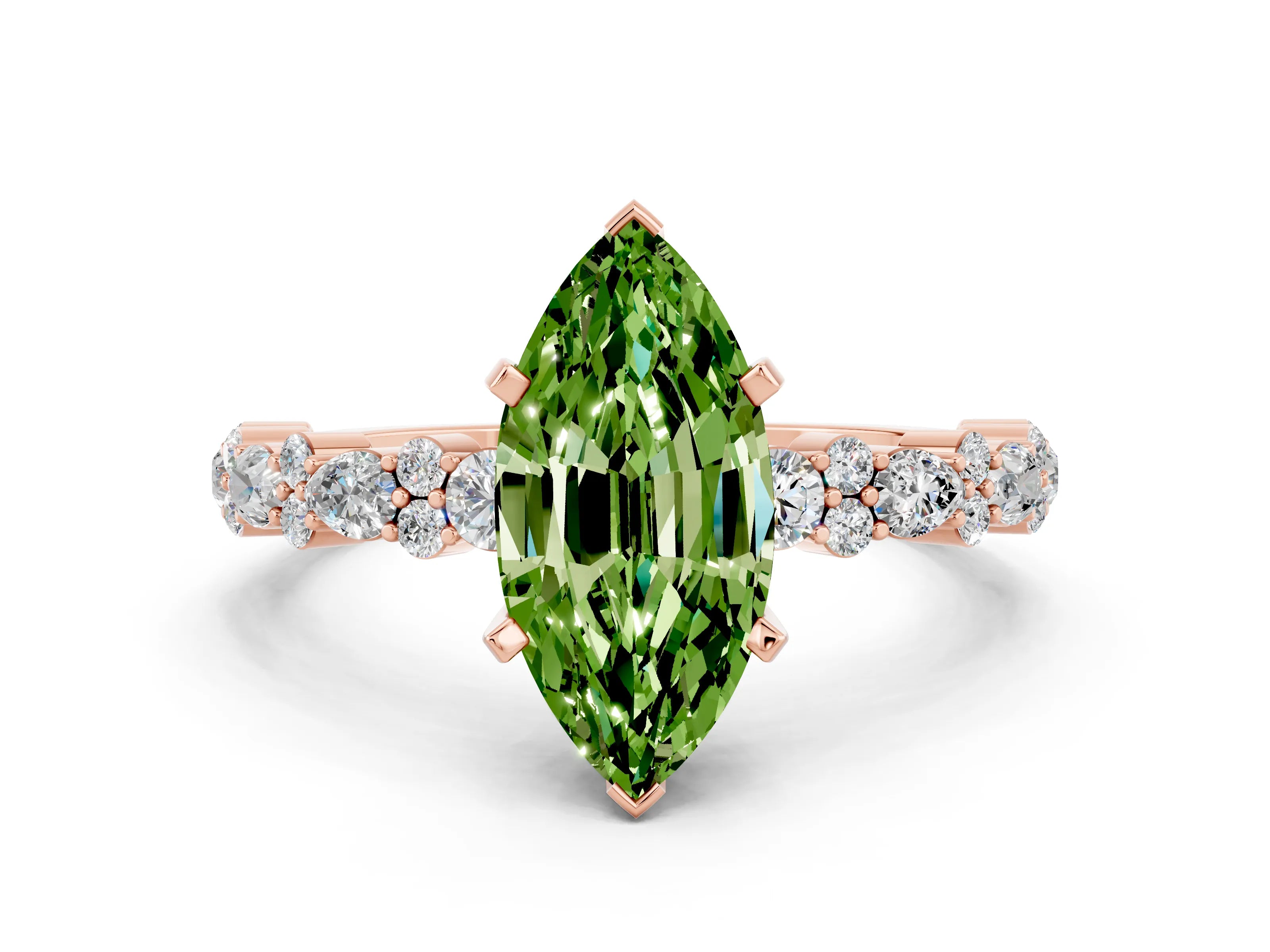 Rose gold Marquise Cut Peridot Solitaire with Side Stones, Pave Band, Four-Prong Setting_36