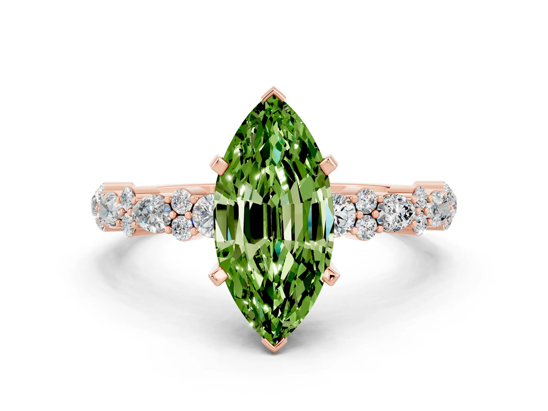 Rose gold Marquise Cut Peridot Solitaire with Side Stones, Pave Band, Four-Prong Setting_36