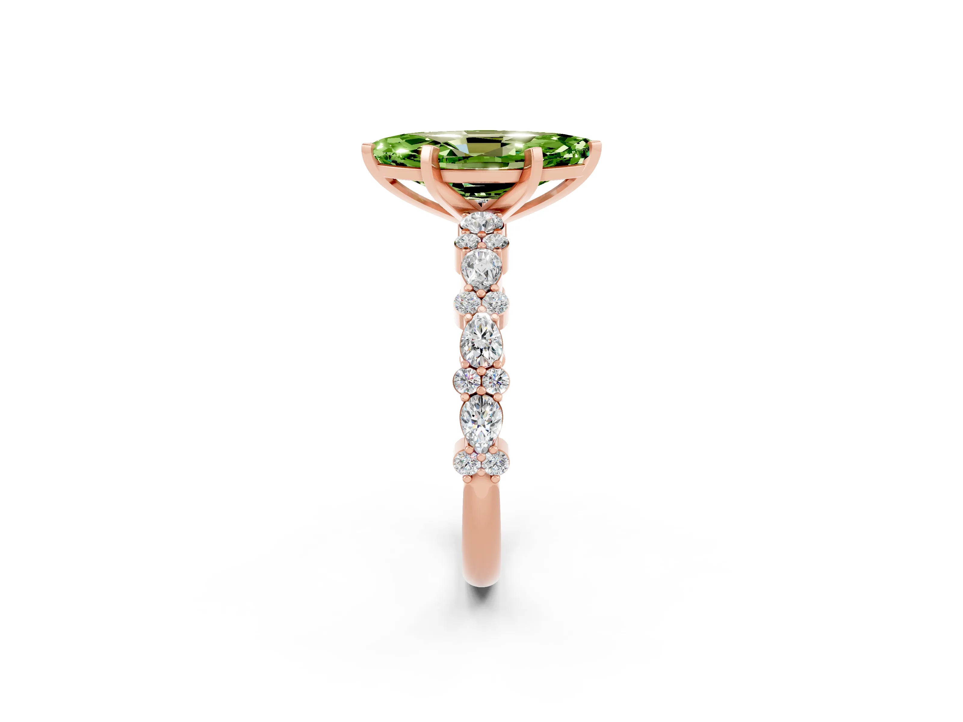 Rose gold Marquise Cut Peridot Solitaire with Side Stones, Pave Band, Four-Prong Setting_38