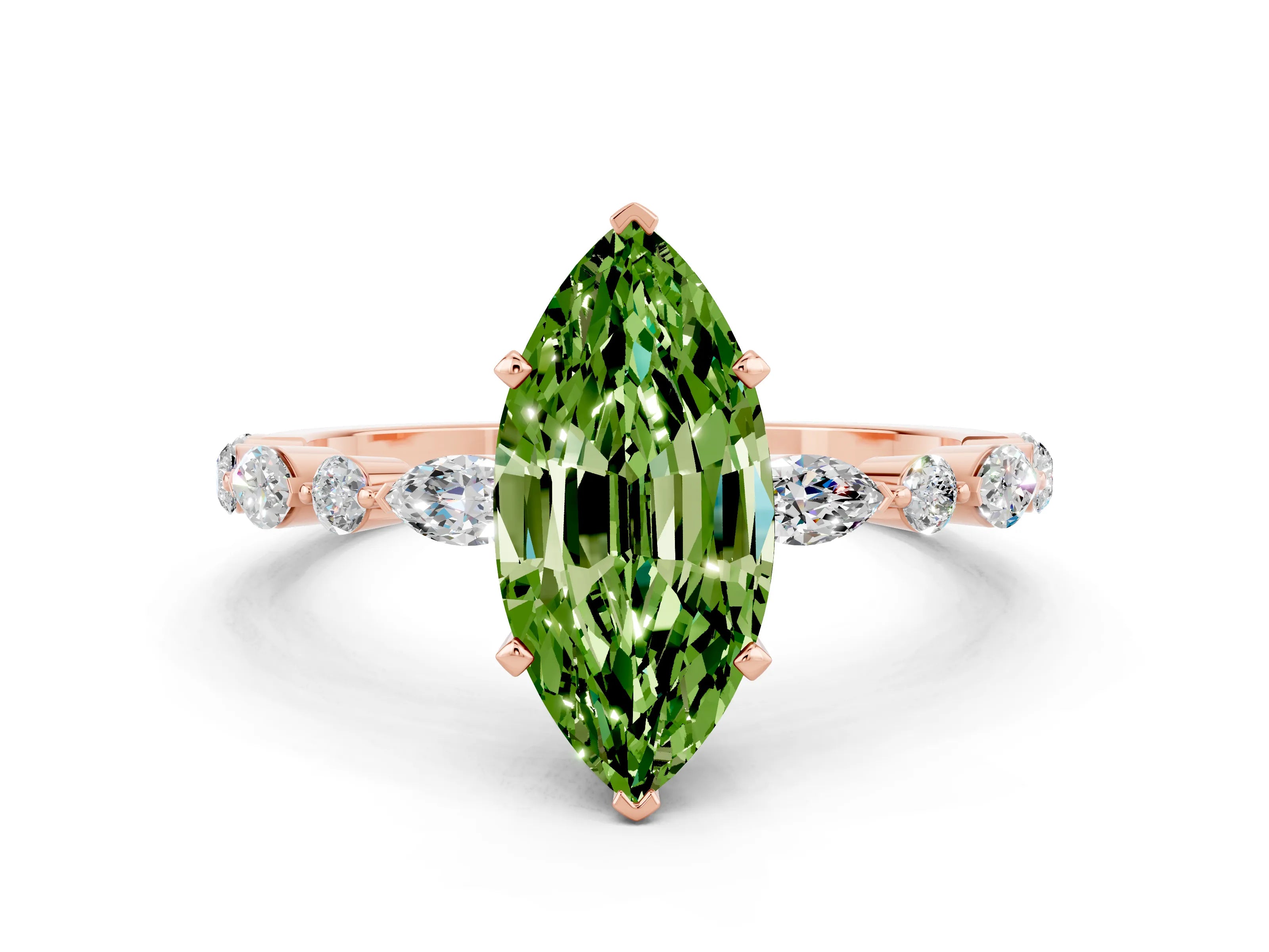 Rose gold Marquise Cut Peridot Solitaire with Side Stones on a Pavé Band and Four-Prong Setting
