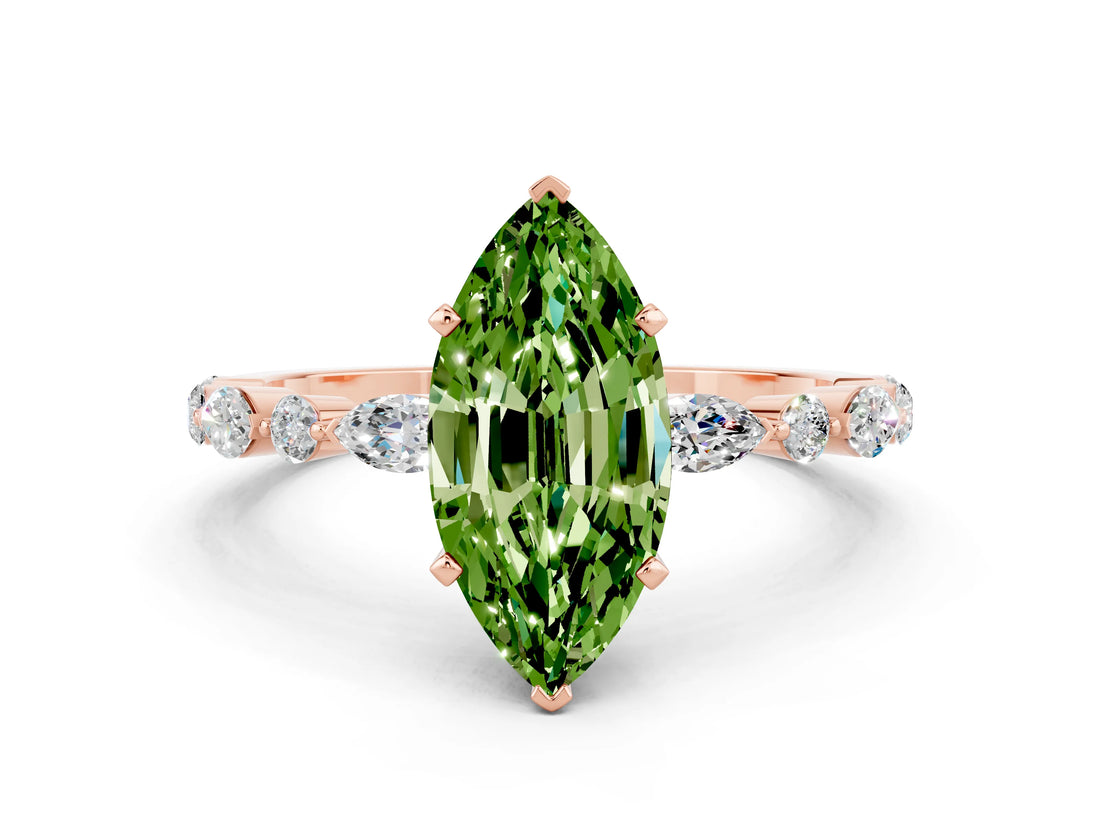 Rose gold Marquise Cut Peridot Solitaire with Side Stones on a Pavé Band and Four-Prong Setting