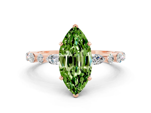 Rose gold Marquise Cut Peridot Ring with Marquise and Round  Side Stones and Four-Prong Setting