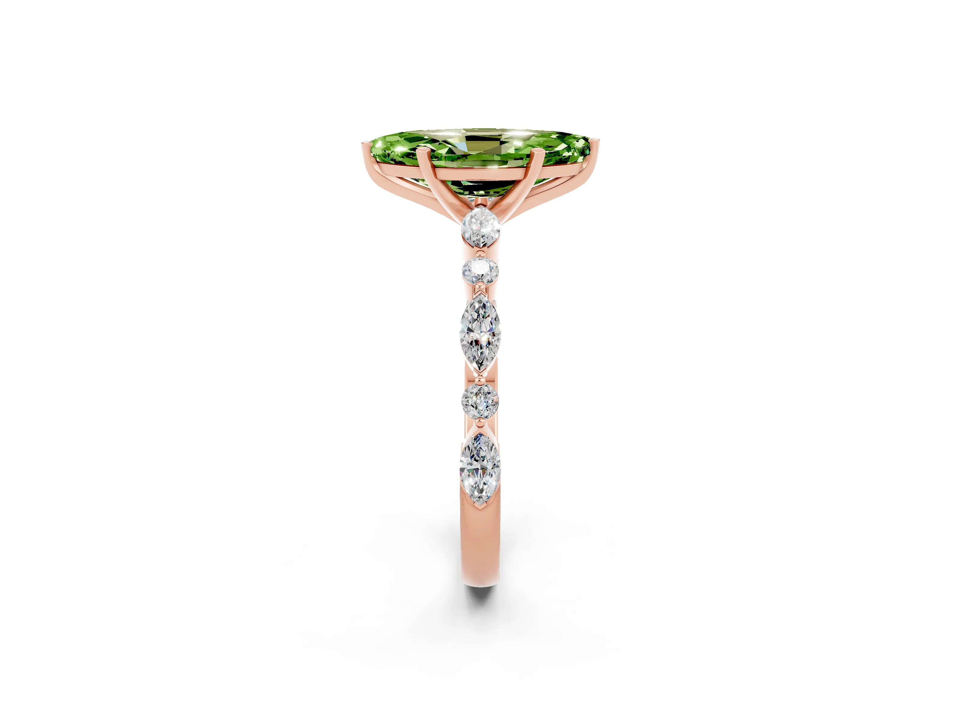 Rose gold Marquise Cut Peridot Solitaire with Side Stones on a Pavé Band and Four-Prong Setting_2