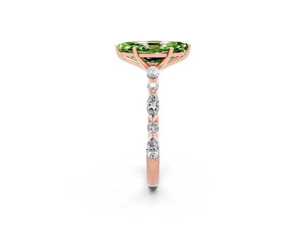Rose gold Marquise Cut Peridot Ring with Marquise and Round  Side Stones and Four-Prong Setting
