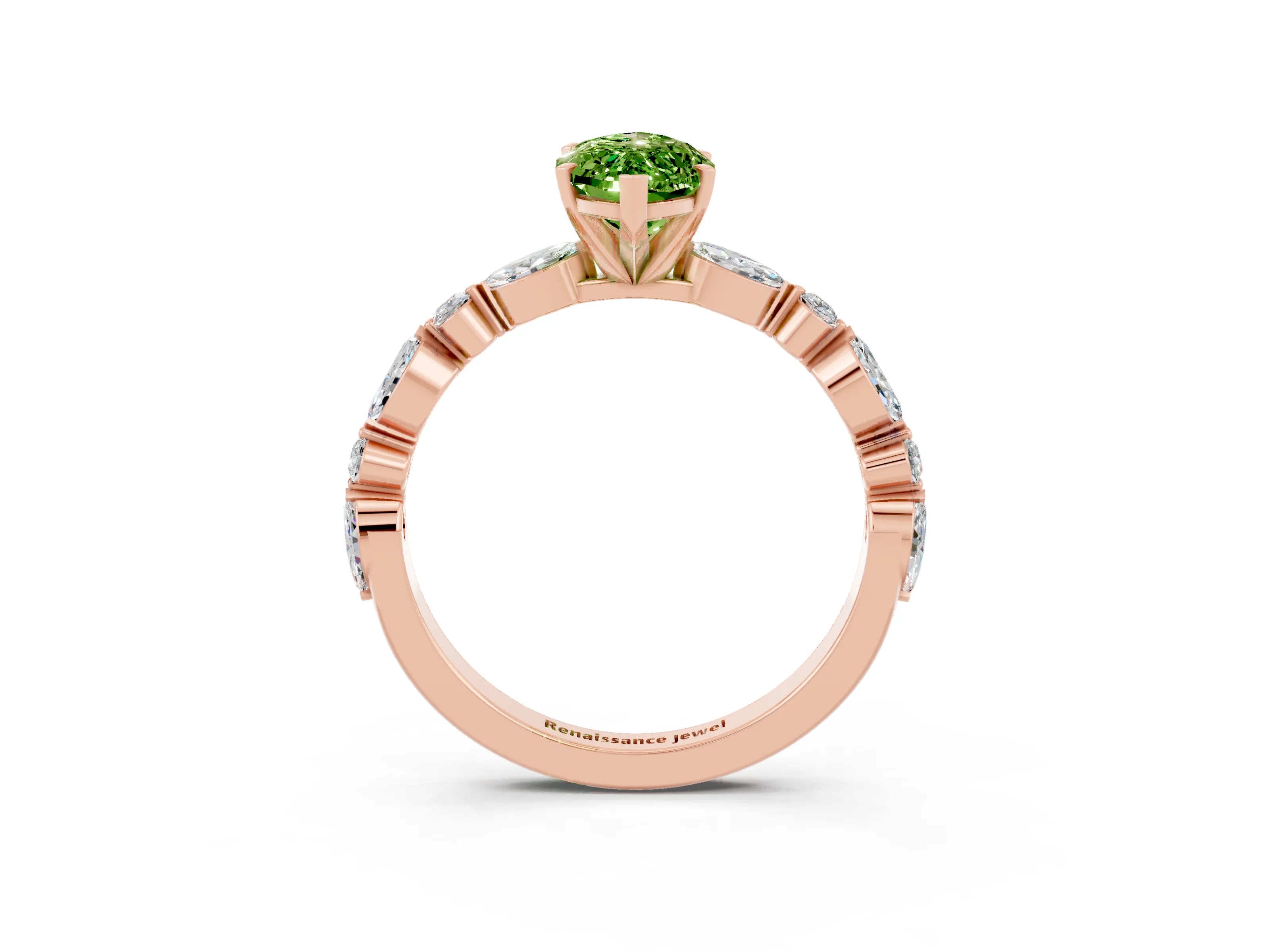Rose gold Marquise Cut Peridot Solitaire with Side Stones on a Pavé Band and Four-Prong Setting_3