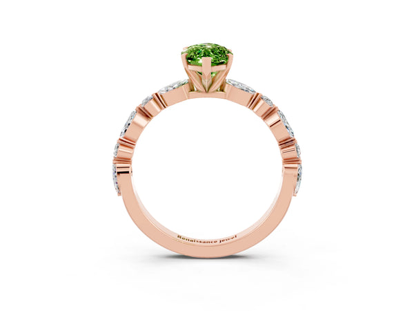 Rose gold Marquise Cut Peridot Ring with Marquise and Round  Side Stones and Four-Prong Setting