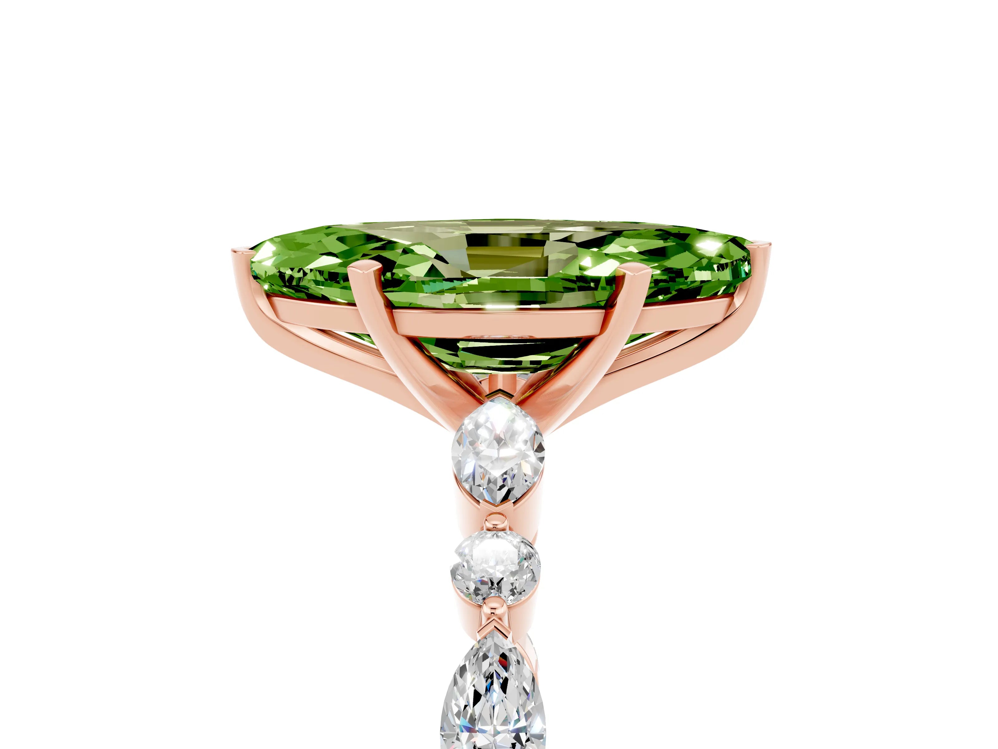 Rose gold Marquise Cut Peridot Solitaire with Side Stones on a Pavé Band and Four-Prong Setting_5