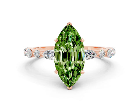 Rose gold Marquise Cut Peridot Solitaire with Side Stones on a Pavé Band and Four-Prong Setting