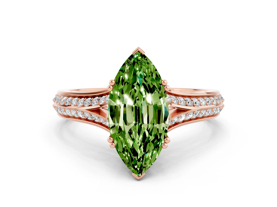 Rose gold Marquise Cut Peridot Split Shank Engagement Ring with Pavé Band