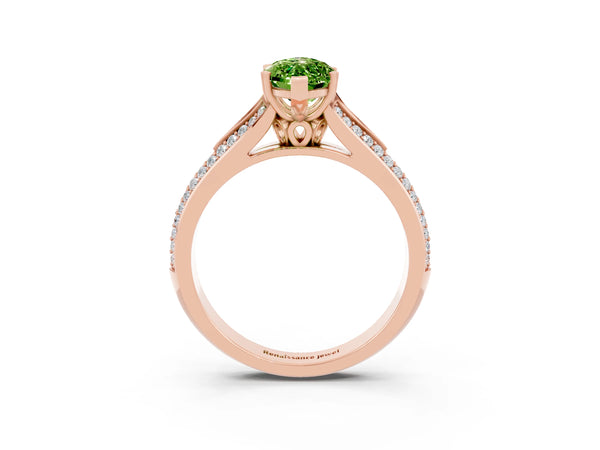 Rose gold Marquise Cut Peridot Split Shank Engagement Ring with Pavé Band