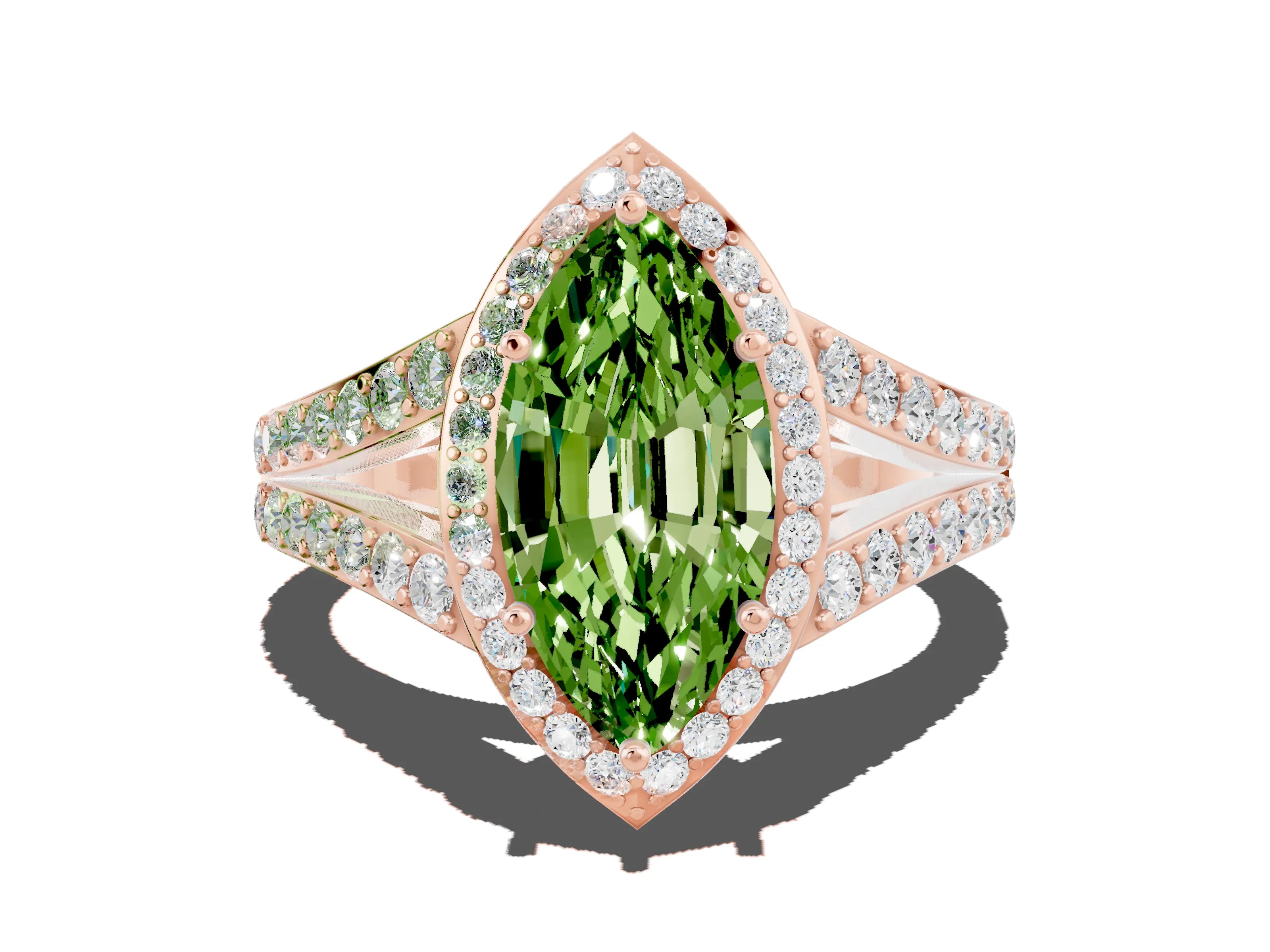 Rose gold Marquise Cut Peridot Split Shank Halo Ring with Four-Prong Setting_12