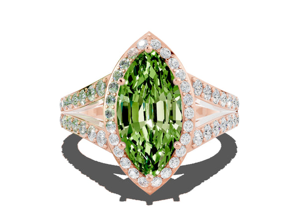 Rose gold Marquise Cut Peridot Split Shank Halo Ring with Four-Prong Setting