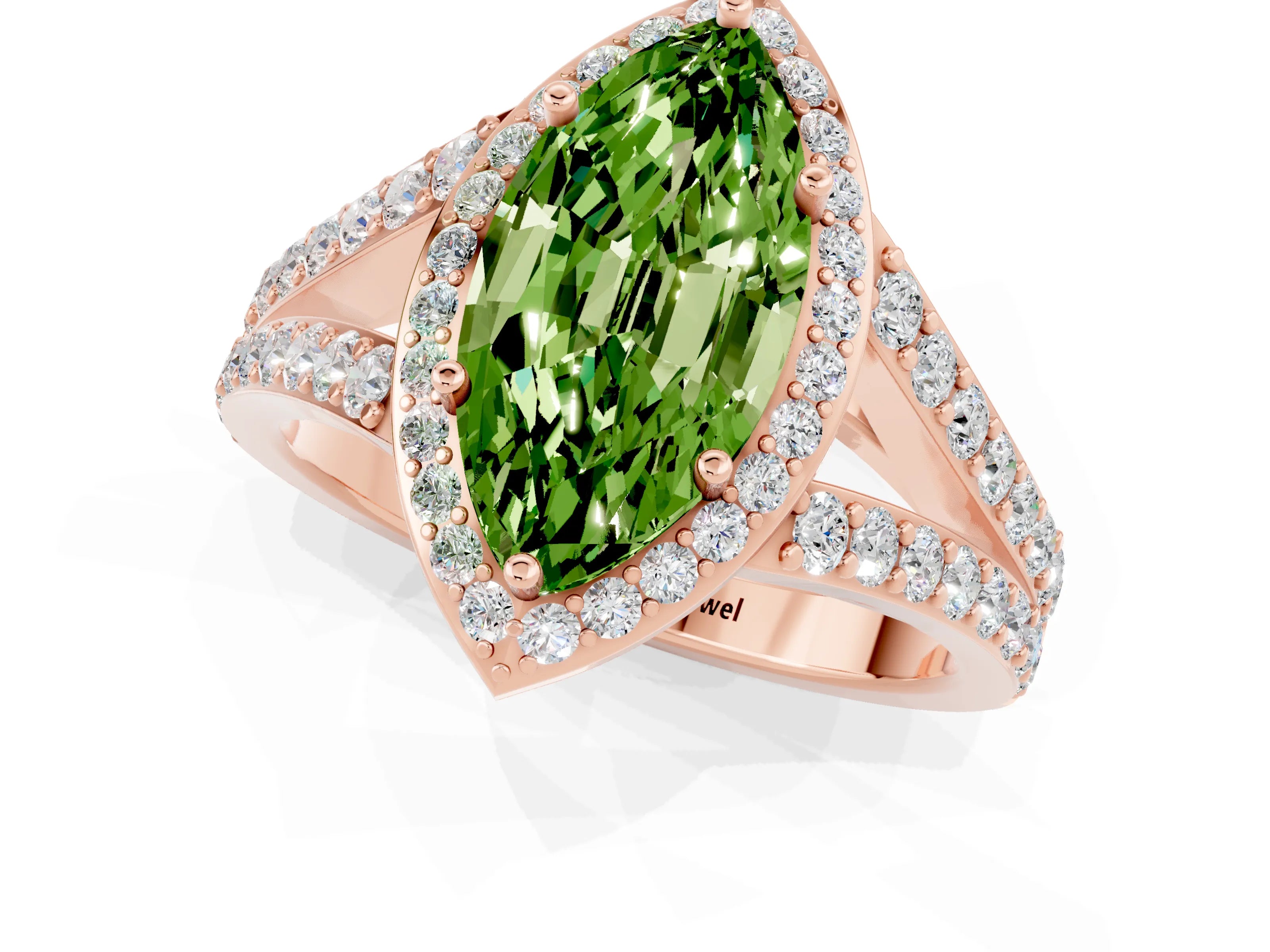 Rose gold Marquise Cut Peridot Split Shank Halo Ring with Four-Prong Setting_13