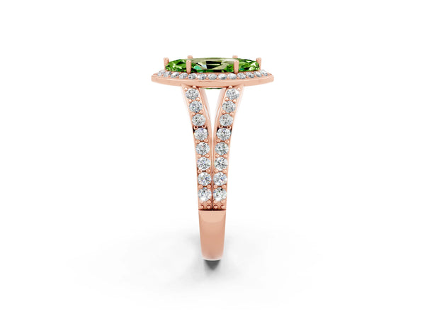 Rose gold Marquise Cut Peridot Split Shank Halo Ring with Four-Prong Setting