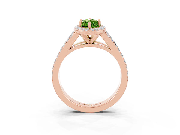 Rose gold Marquise Cut Peridot Split Shank Halo Ring with Four-Prong Setting