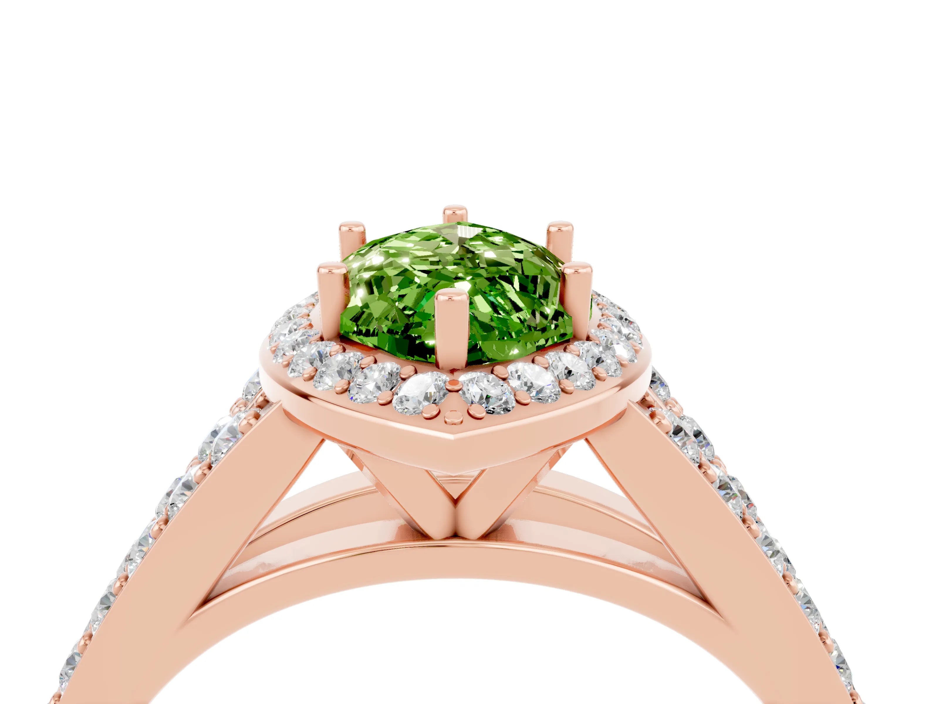 Rose gold Marquise Cut Peridot Split Shank Halo Ring with Four-Prong Setting_16