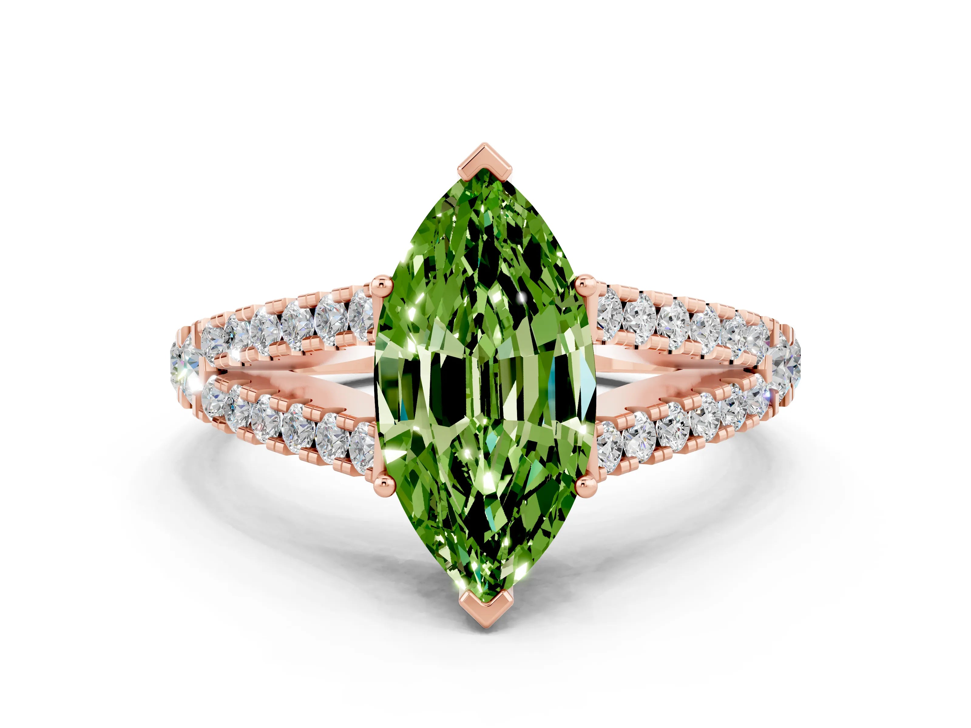 Rose gold Marquise Cut Peridot Split Shank Pavé Engagement Ring with Four-Prong Setting_12