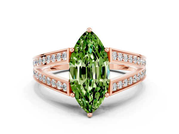 Rose gold Marquise Cut Peridot Split Shank Ring with Pavé Band and Four-Prong Setting