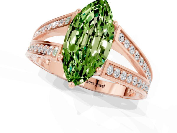 Rose gold Marquise Cut Peridot Split Shank Ring with Pavé Band and Four-Prong Setting