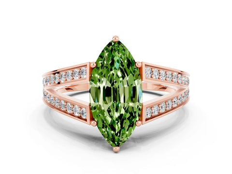 Rose gold Marquise Cut Peridot Split Shank Ring with Pavé Band and Four-Prong Setting